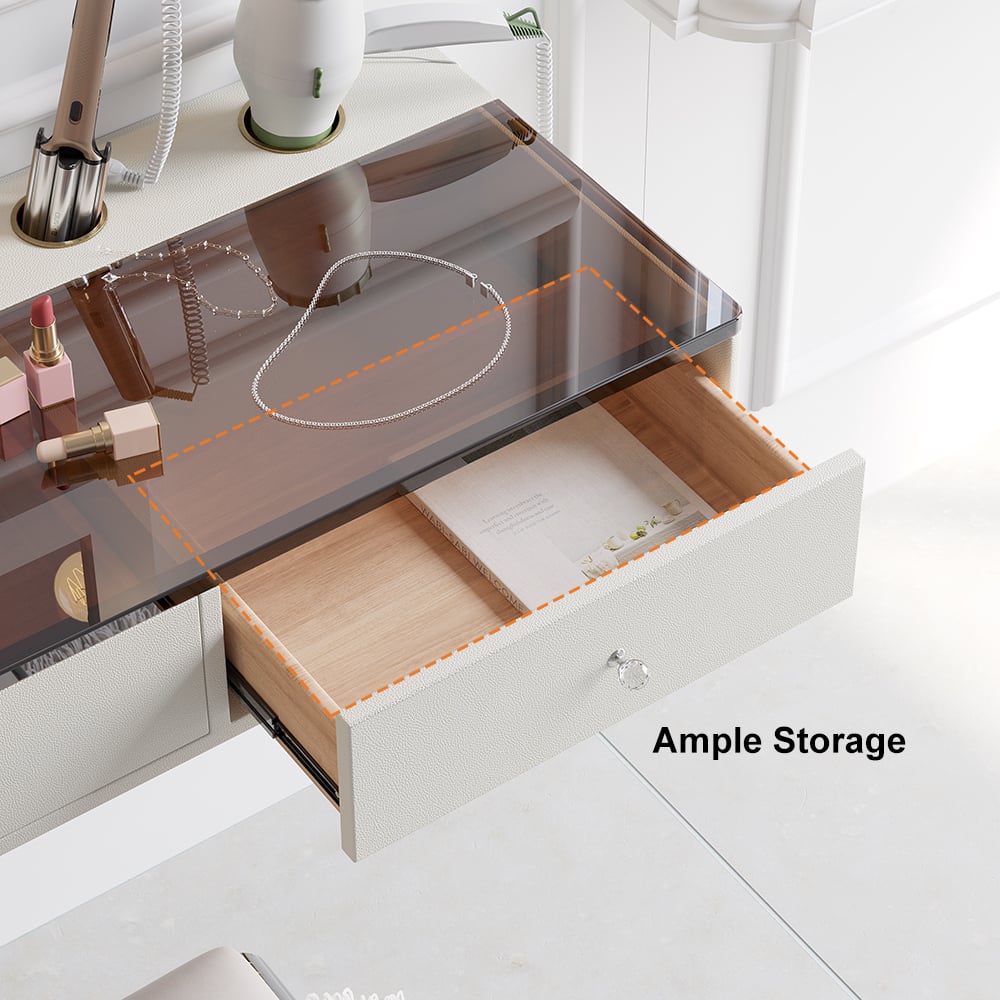 HMR - 47 Leather Floating Tempered Glass Top Makeup Vanity