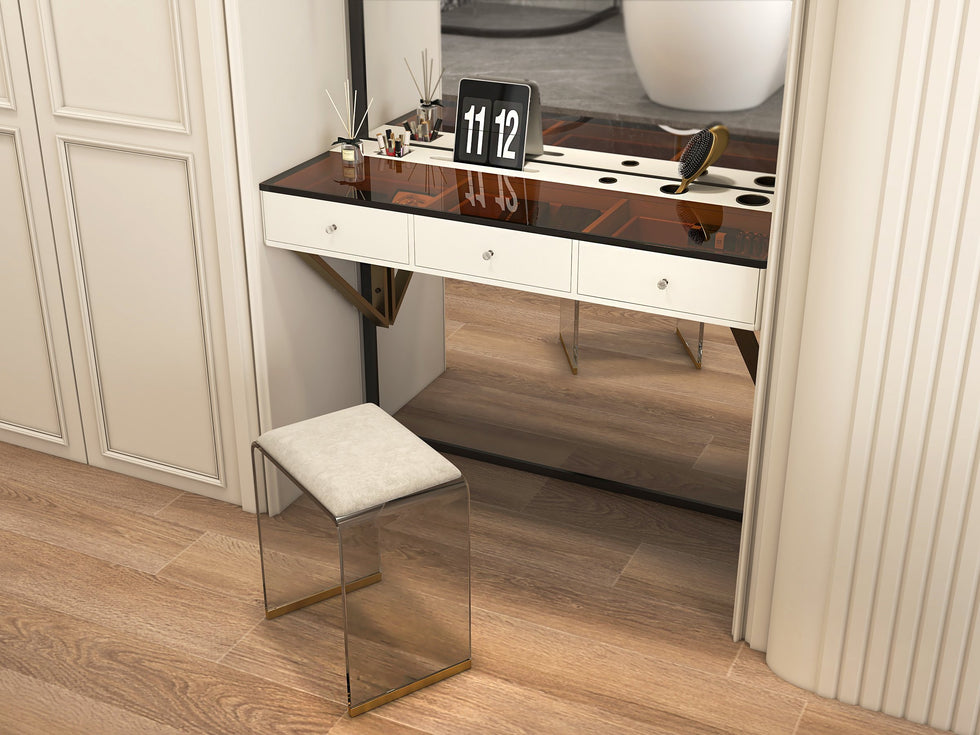 HMR - 47 Leather Floating Tempered Glass Top Makeup Vanity