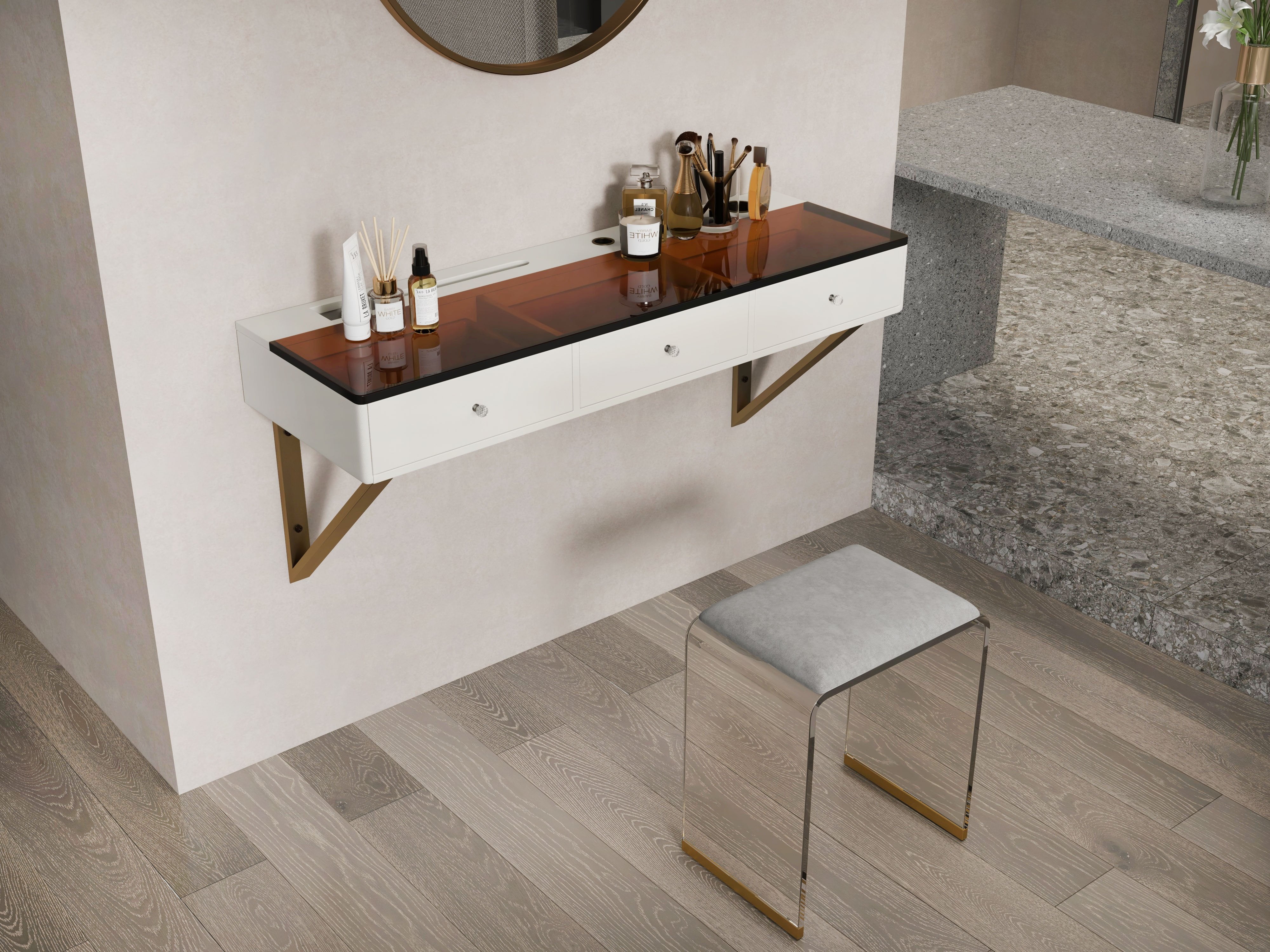 HMR - 47 Leather Floating Tempered Glass Top Makeup Vanity