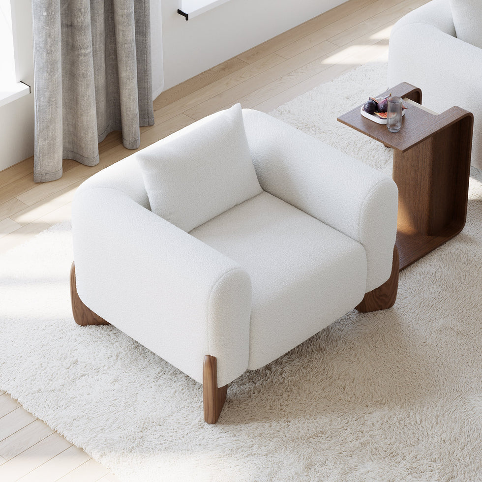 HMR - Curva White Boucle Accent Chair with Wood Frame