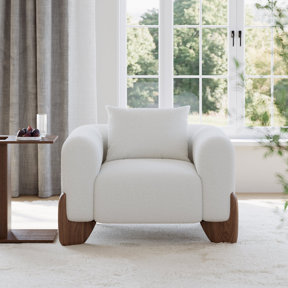 HMR - Curva White Boucle Accent Chair with Wood Frame