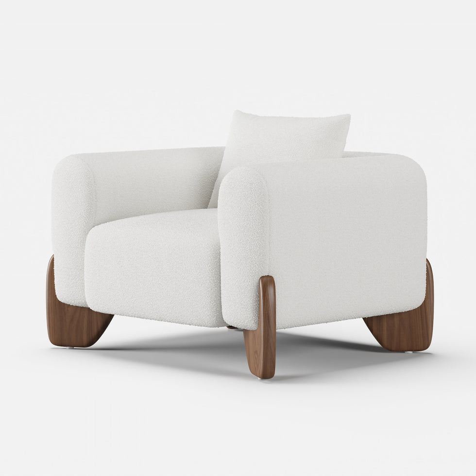 HMR - Curva White Boucle Accent Chair with Wood Frame
