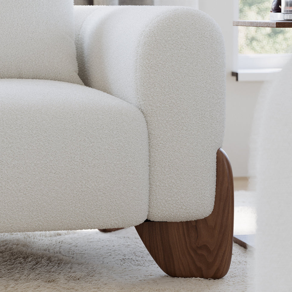 HMR - Curva White Boucle Accent Chair with Wood Frame
