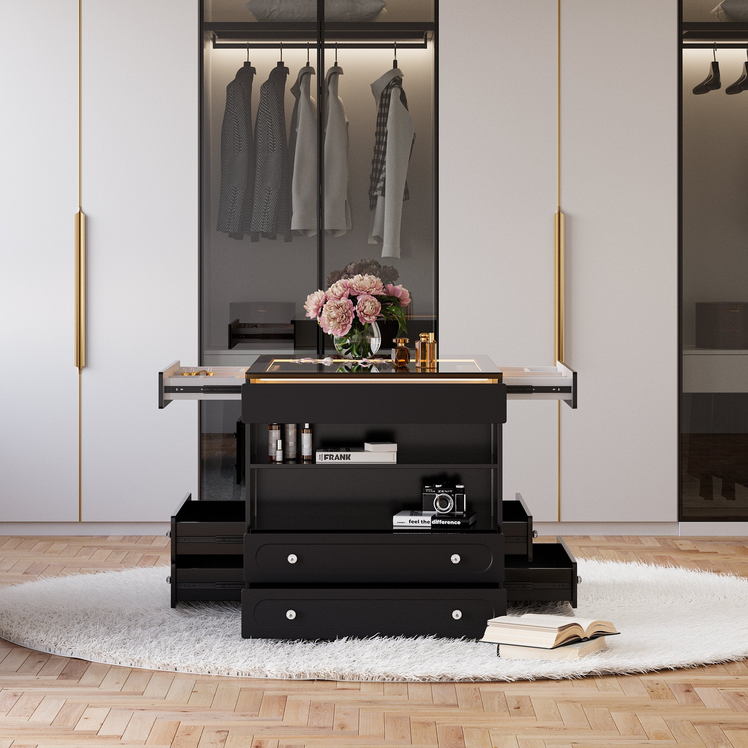 HMR - 47"W Dresser Walk in Closet Island with Jewelry Storage LED Light