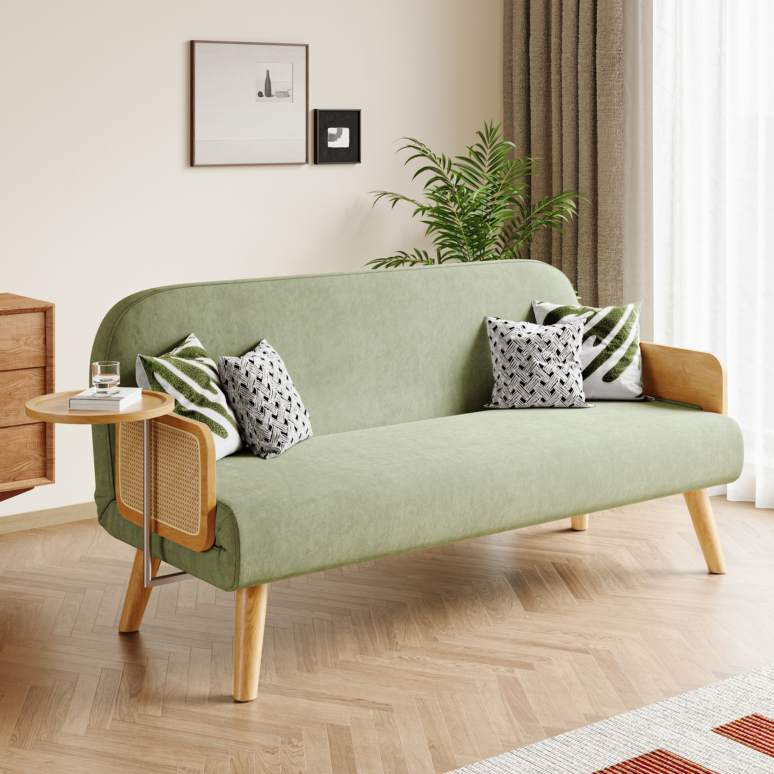 HMR - Velvet & Rattan Sleeper Sofa with Tray