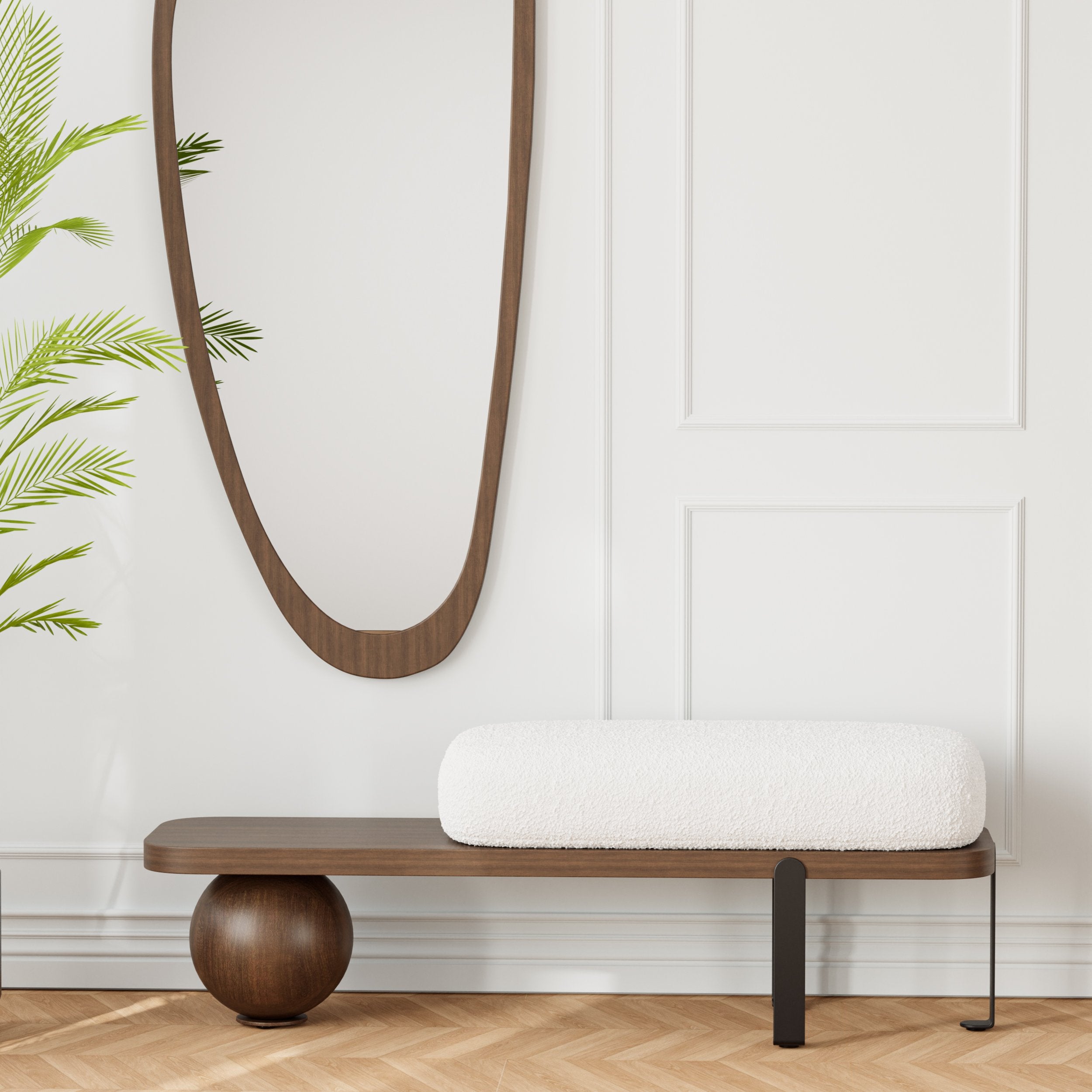 HMR - Wooden Entryway Bench Fleece Upholstered with Abstract Metal Legs