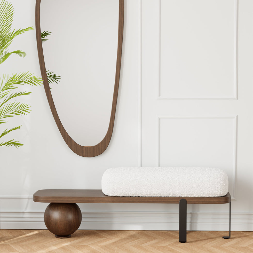 HMR - Wooden Entryway Bench Fleece Upholstered with Abstract Metal Legs