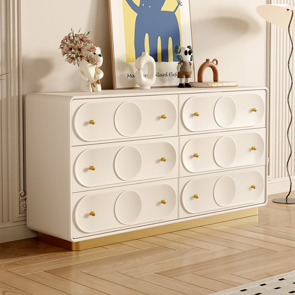 HMR - 59.1"W Art Deco White & Gold 6 Drawer Dresser Chest with Storage Cabinet