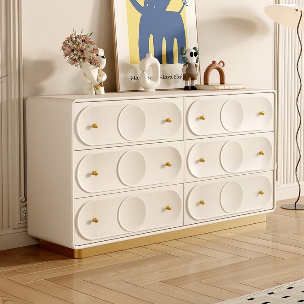 HMR - 59.1"W Art Deco White & Gold 6 Drawer Dresser Chest with Storage Cabinet