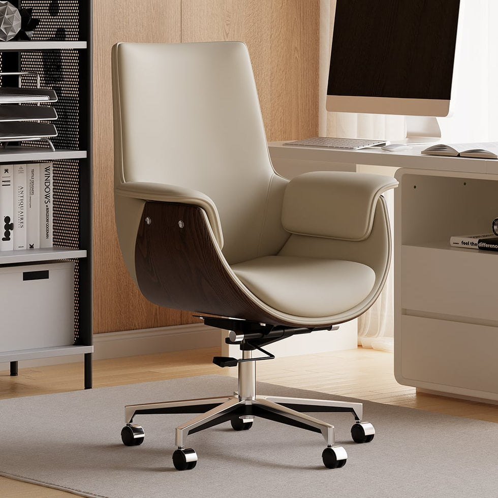 HMR - Gray Leather Modern Home Office Chair Upholstered High Back Desk Chair Wood Grain Frame
