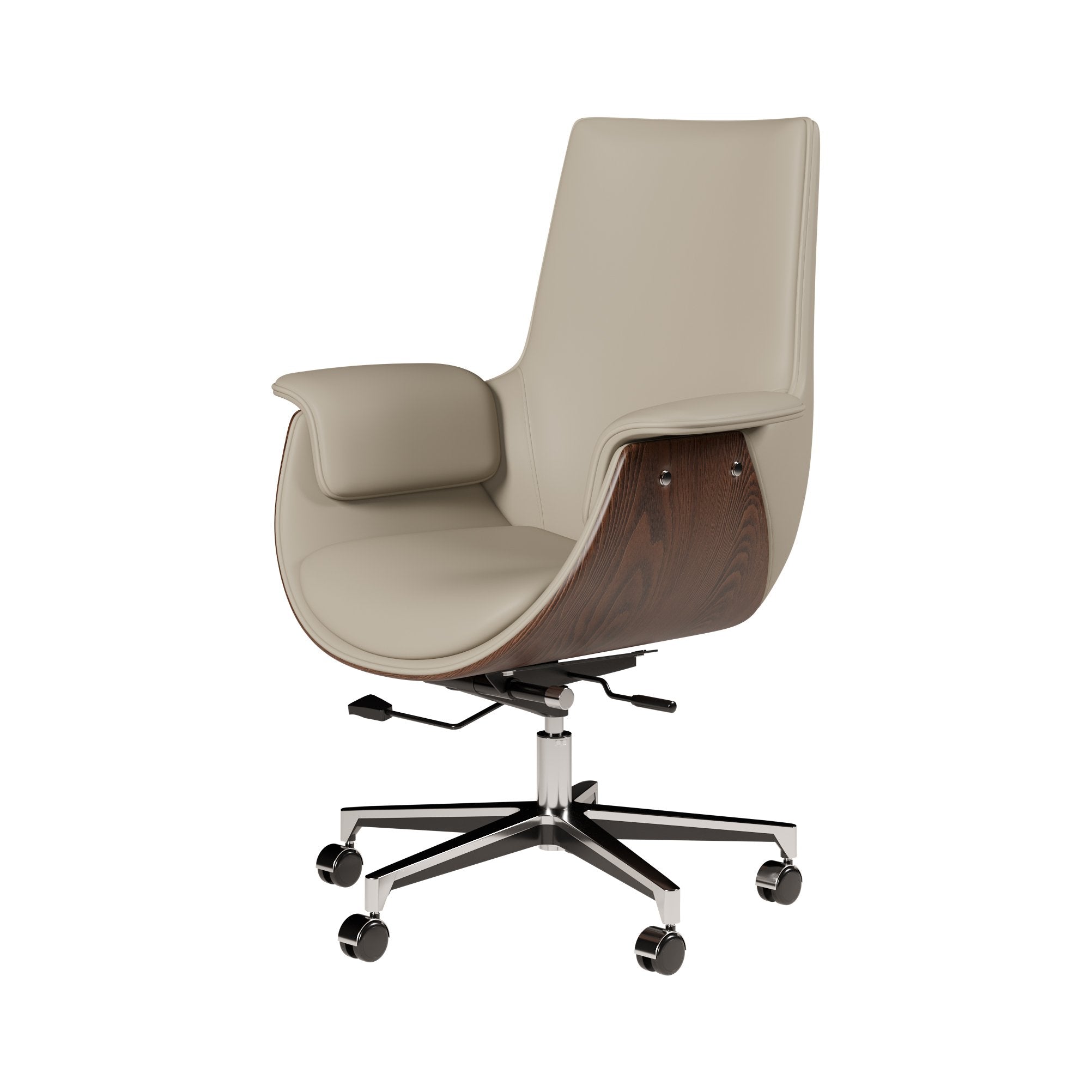 HMR - Gray Leather Modern Home Office Chair Upholstered High Back Desk Chair Wood Grain Frame
