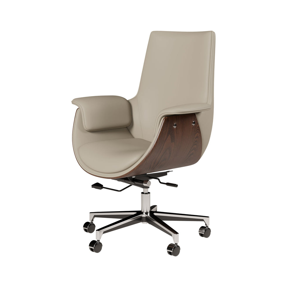 HMR - Gray Leather Modern Home Office Chair Upholstered High Back Desk Chair Wood Grain Frame