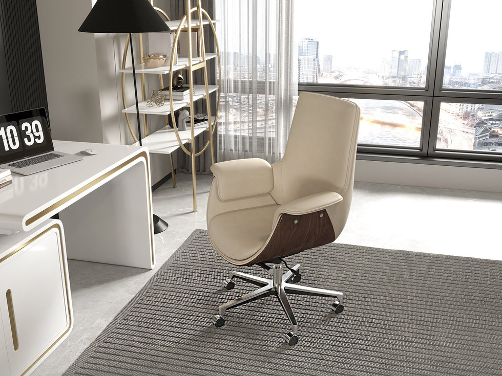 HMR - Gray Leather Modern Home Office Chair Upholstered High Back Desk Chair Wood Grain Frame