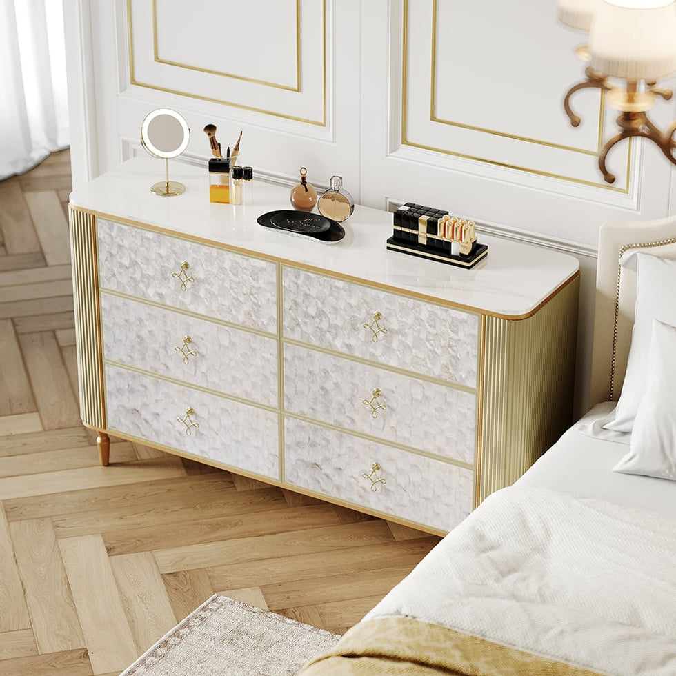 HMR - Art Deco 6 Drawer Dresser Capiz Shell Beige Chest Storag Cabinet with Sintered Stone Top