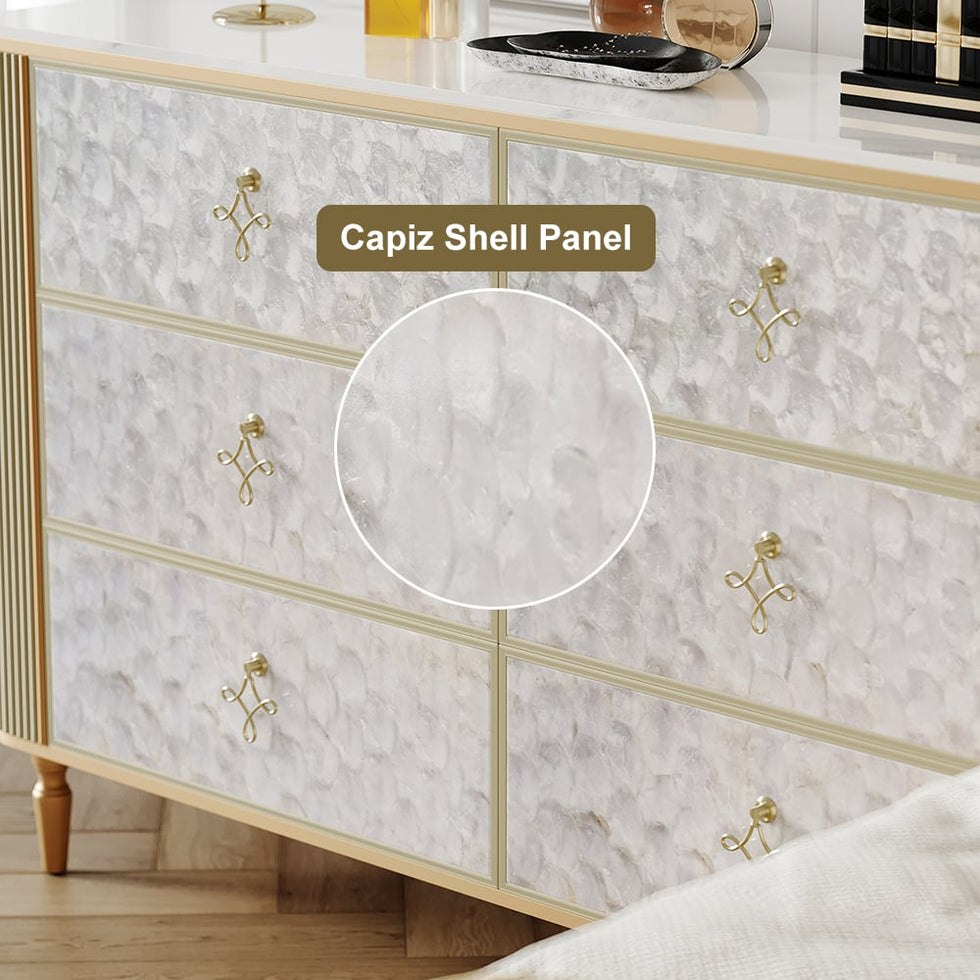 HMR - Art Deco 6 Drawer Dresser Capiz Shell Beige Chest Storag Cabinet with Sintered Stone Top