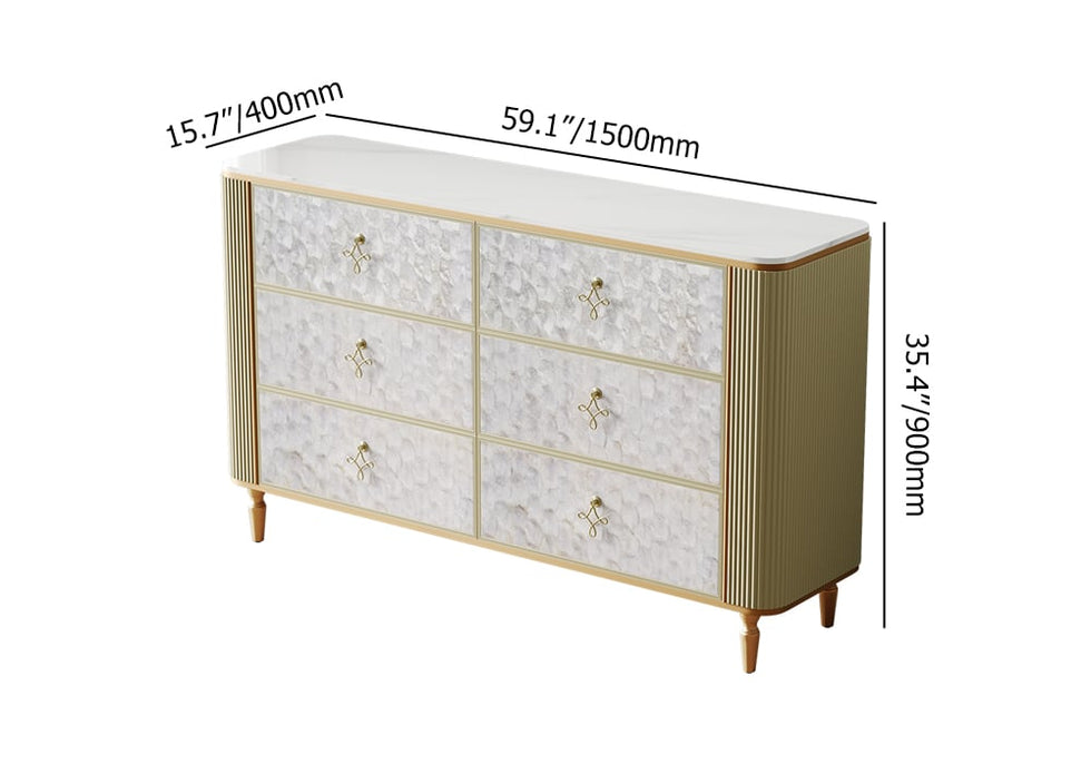 HMR - Art Deco 6 Drawer Dresser Capiz Shell Beige Chest Storag Cabinet with Sintered Stone Top