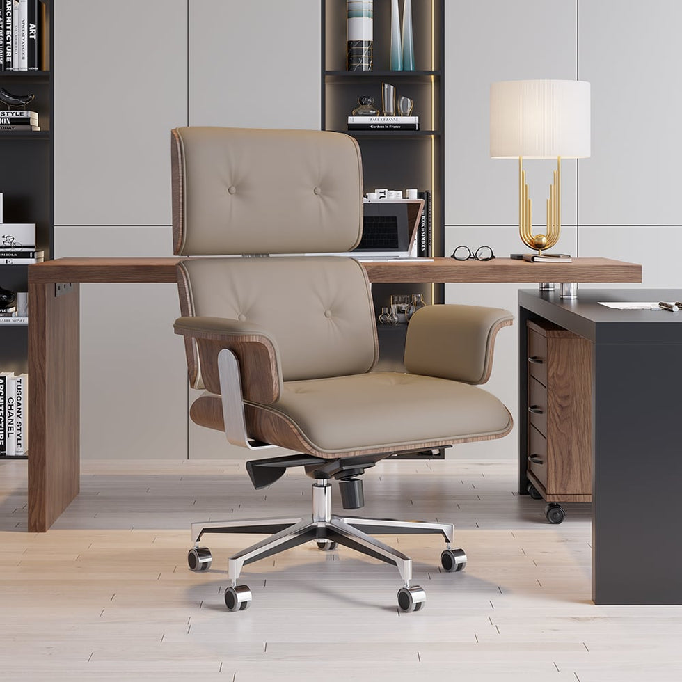 HMR - Modern Home Office Chair Swivel Upholstered Wooden Office Chair Adjustable Height