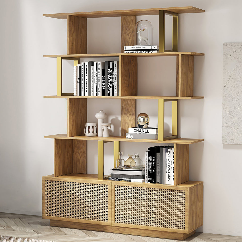 HMR - 5-Tier Wood Bookshelf with 2 Doors Modern Bookcase in Gold Finish