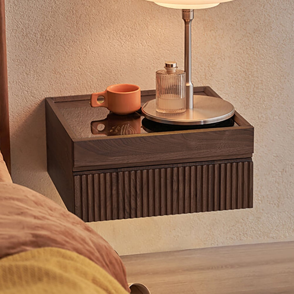 HMR - Modern Floating Nightstand with Glass Top & Jewelry Storage Bedside Table