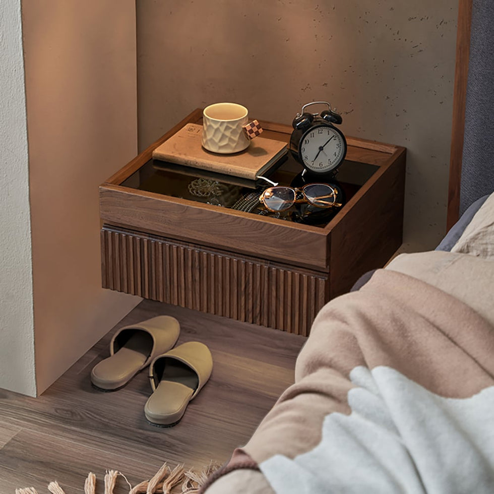 HMR - Modern Floating Nightstand with Glass Top & Jewelry Storage Bedside Table