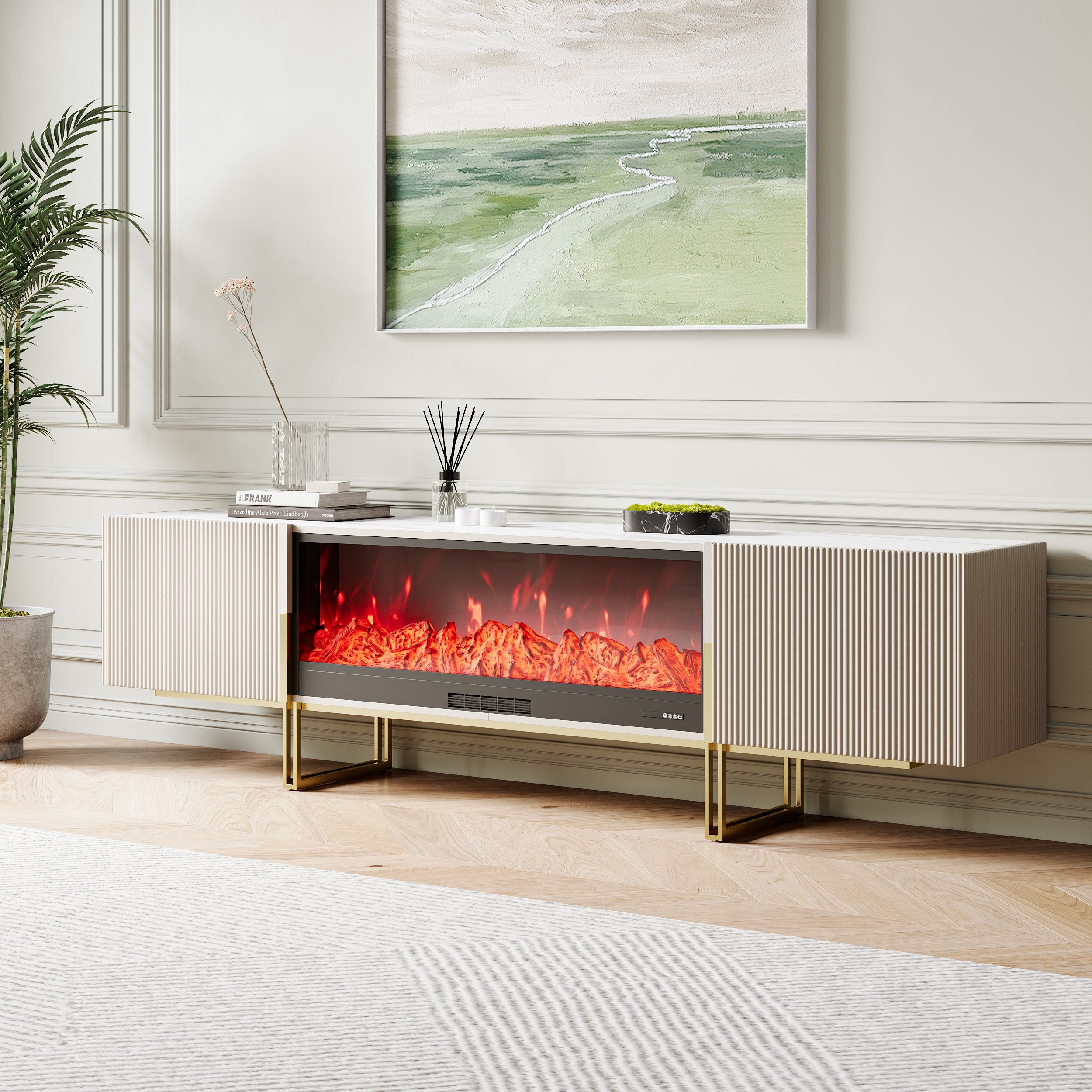 HMR - Grovyn Sintered Stone Top Fluted TV Stand with Storage
