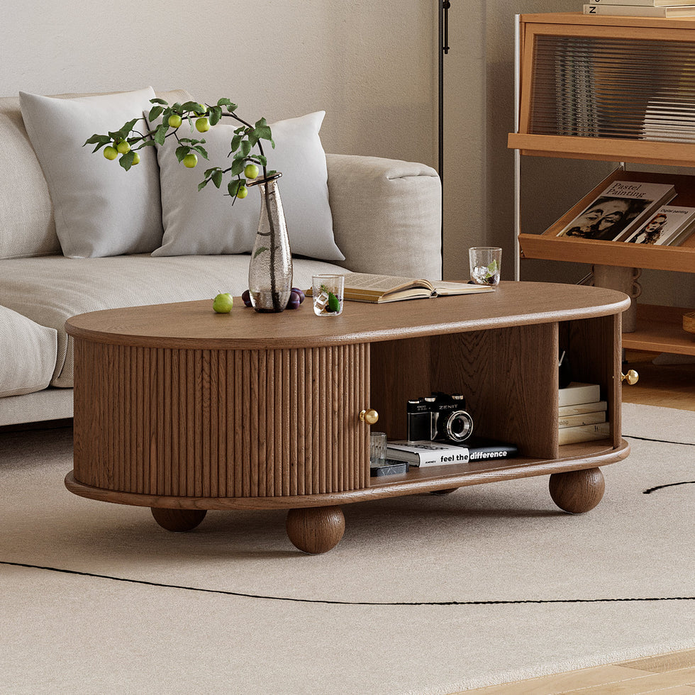 HMR - Stria Ash Wood Fluted Coffee Table with Storage