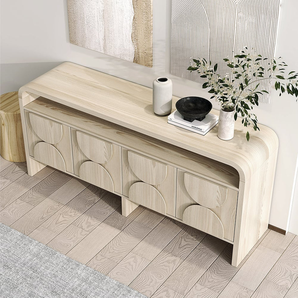 HMR - 71" Wood Sideboard Buffet Japandi Distressed White Credenza with Shelves & 4 Doors