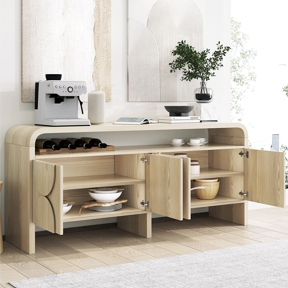 HMR - 71" Wood Sideboard Buffet Japandi Distressed White Credenza with Shelves & 4 Doors