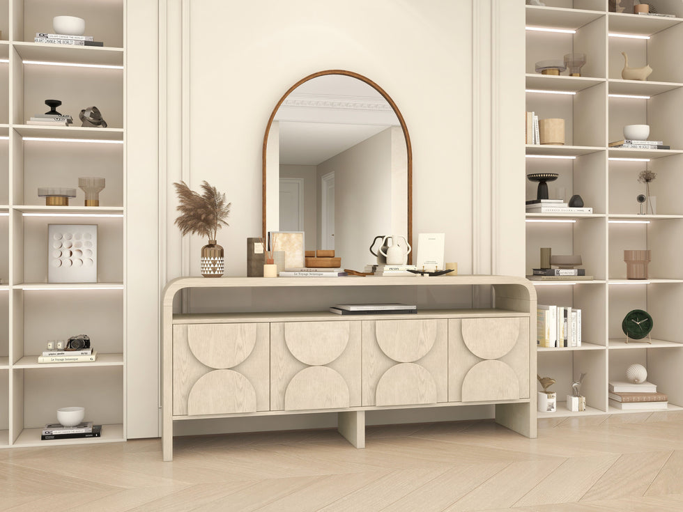 HMR - 71" Wood Sideboard Buffet Japandi Distressed White Credenza with Shelves & 4 Doors