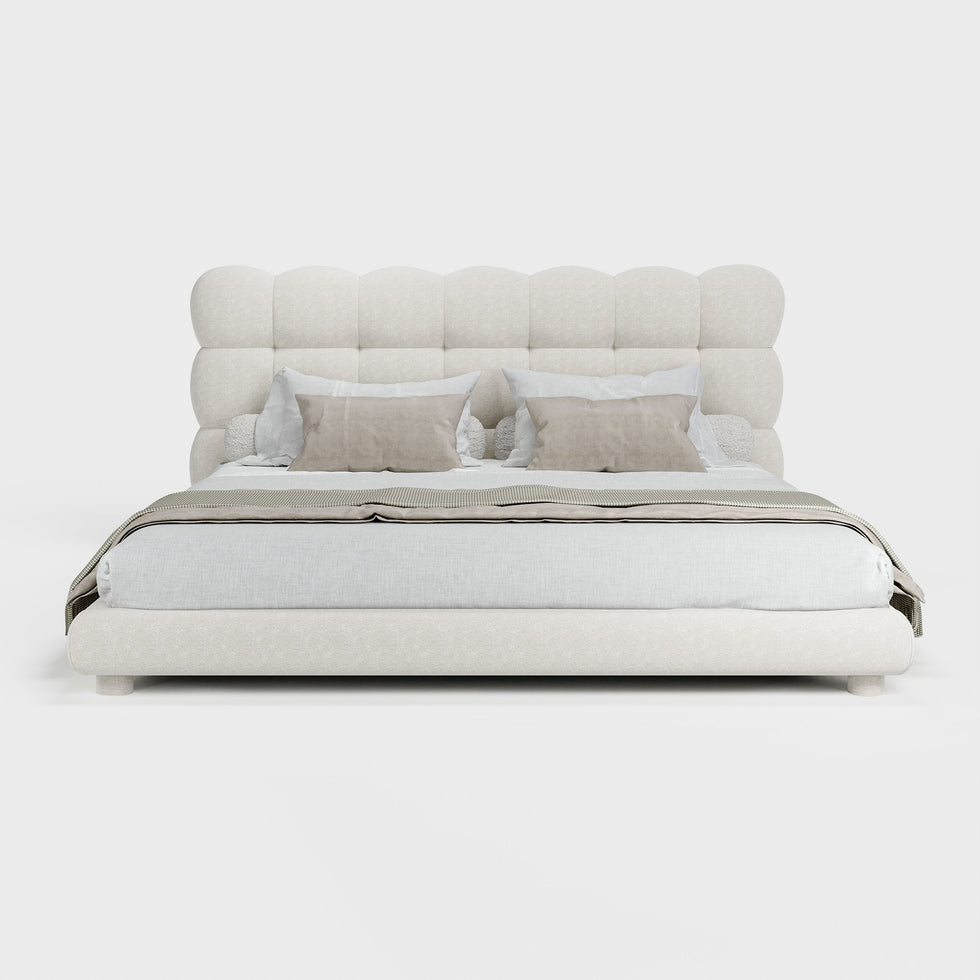HMR - White Boucle Upholstered Platform Bubble King Bed Frame & 2 Smart Nightstands Set