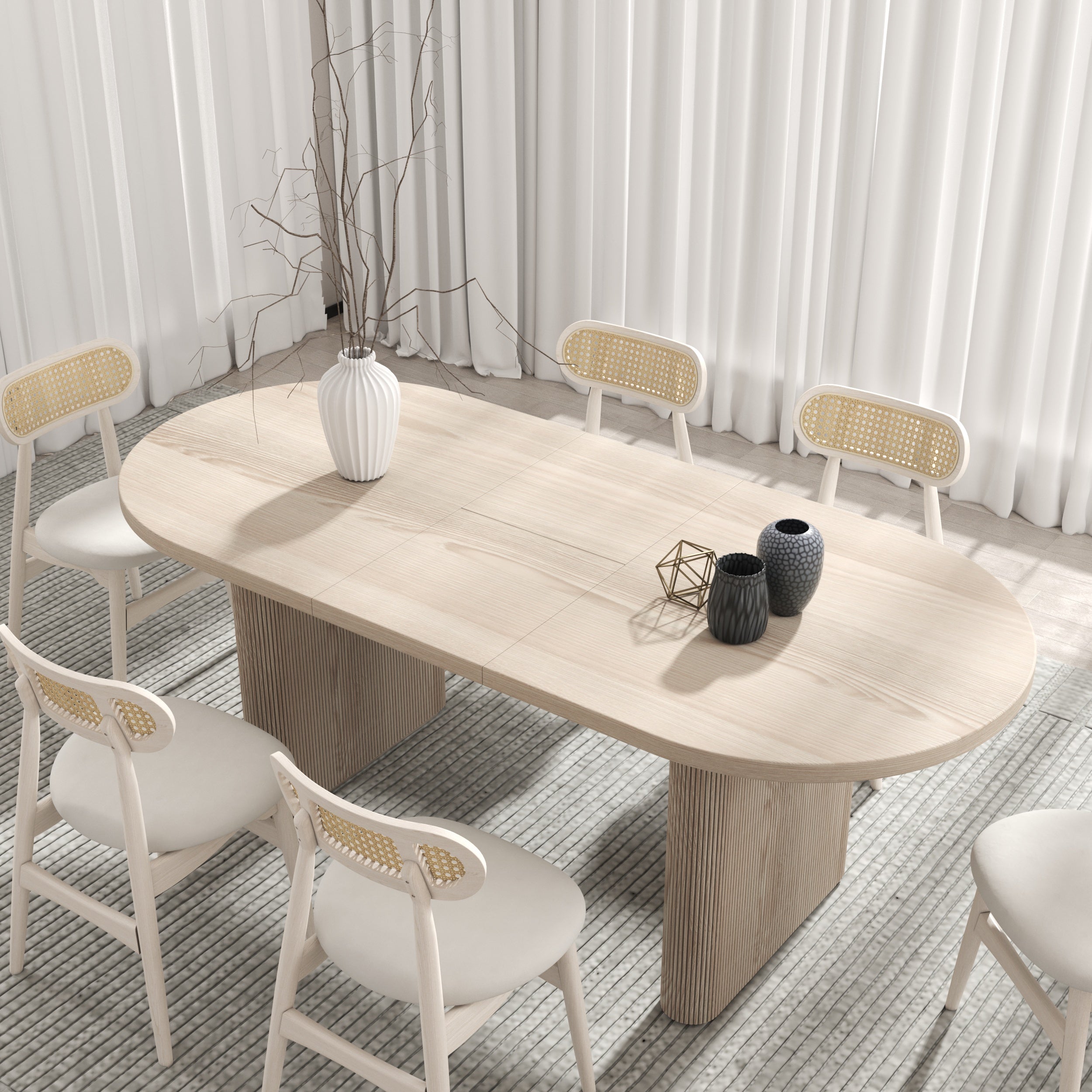 HMR - Dining Set 63"-79" Japandi Oval Extendable Dining Table Whitewash with Chairs