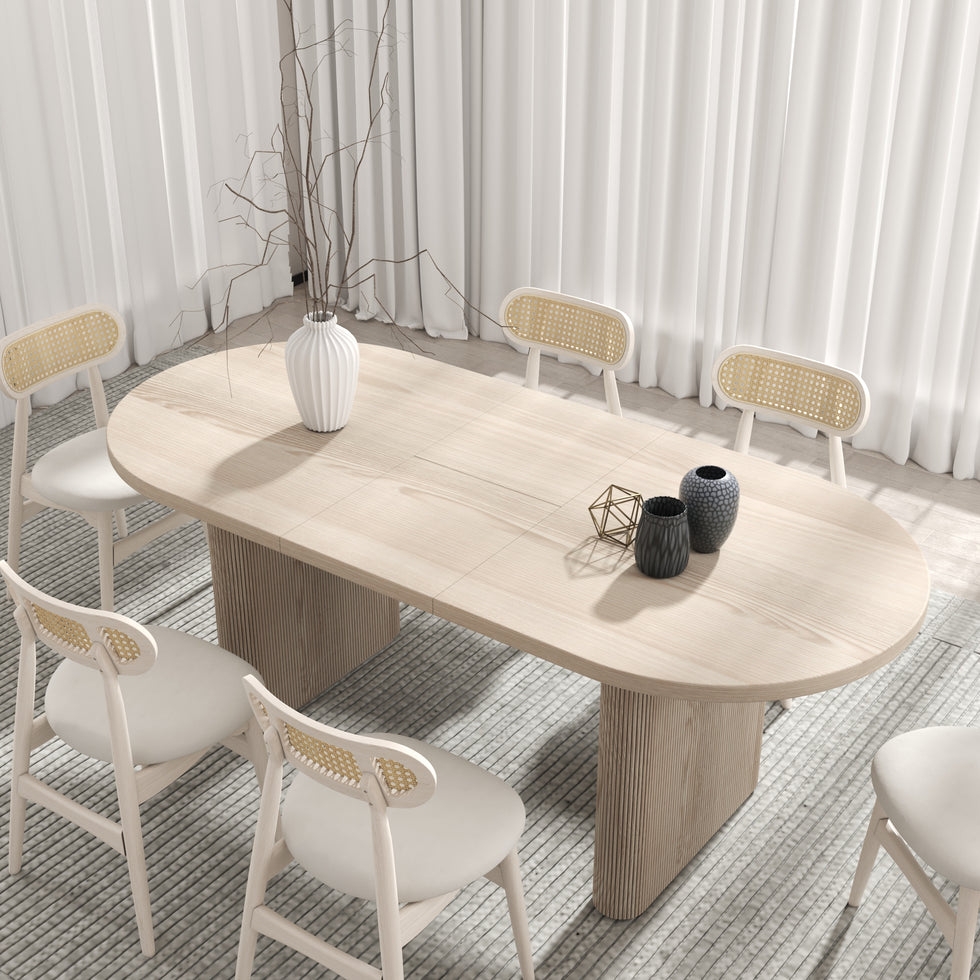 HMR - Dining Set 63"-79" Japandi Oval Extendable Dining Table Whitewash with Chairs