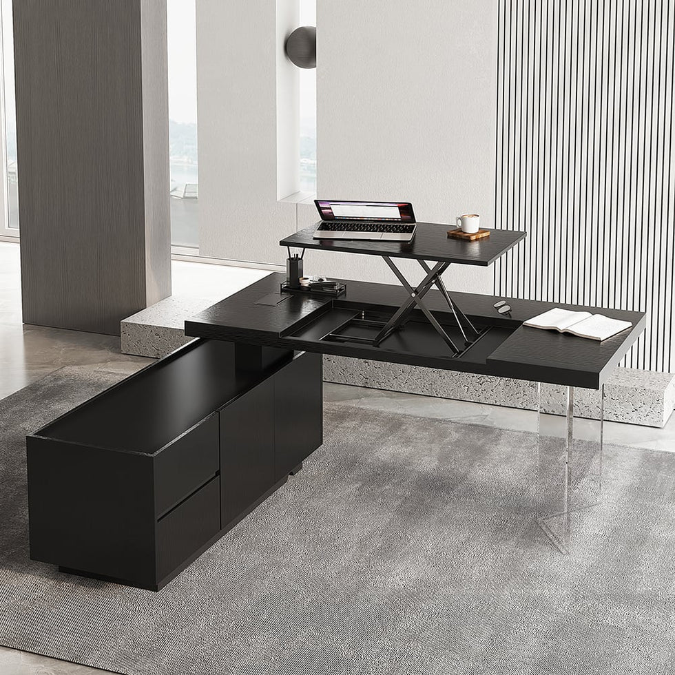 HMR - 71.5" Modern Standing L-Shape Desk & Reclining Leather Office Desk Chair