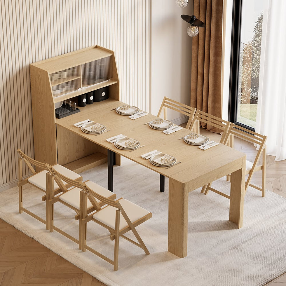 HMR - 70.9" Farmhouse Extendable Dining Table with Storage Sideboard Seats 4-6 People
