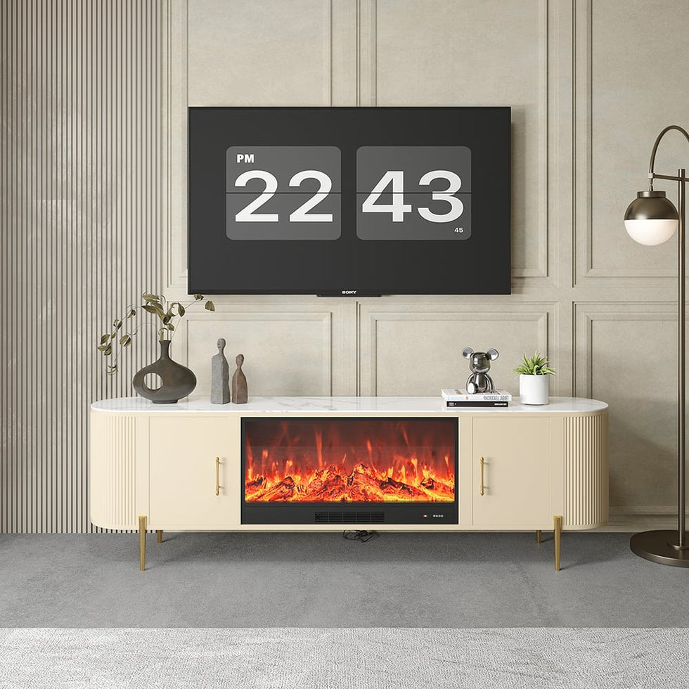 HMR - 78.7" Modern Electric Fireplace TV Stand Sintered Stone Top with Remote Control