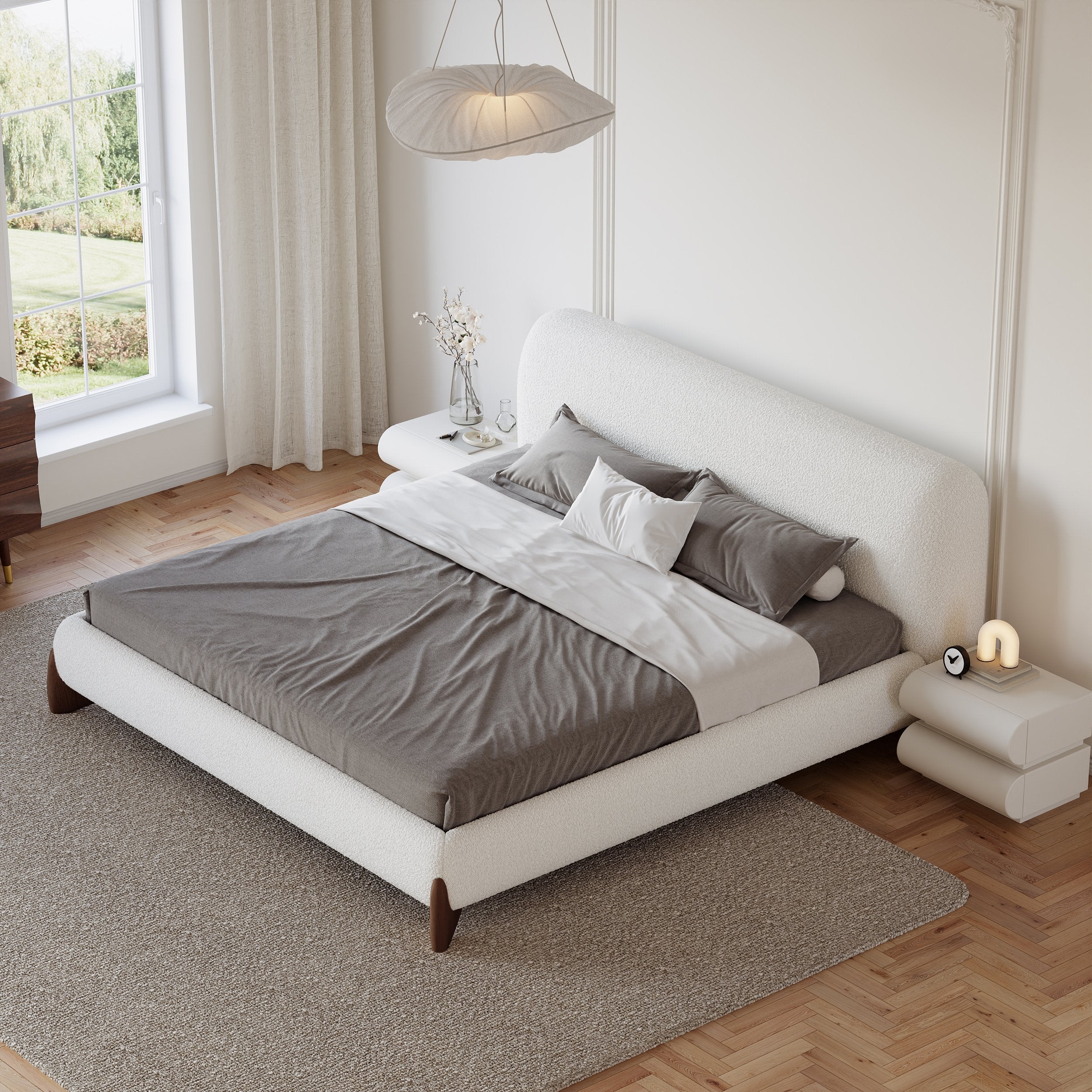 HMR - Modern White Boucle Platform Bed & 2 Smart Boucle Nightstand Style A