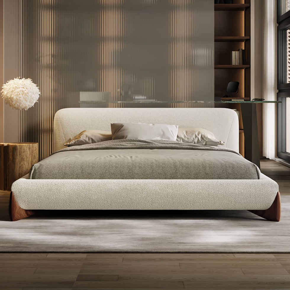 HMR - Modern White Boucle Platform Bed & 2 Smart Boucle Nightstand Style A