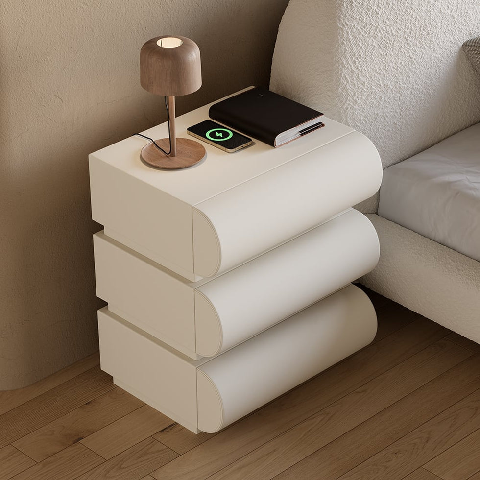 HMR - Modern White Boucle Platform Bed & 2 Smart Boucle Nightstand Style A