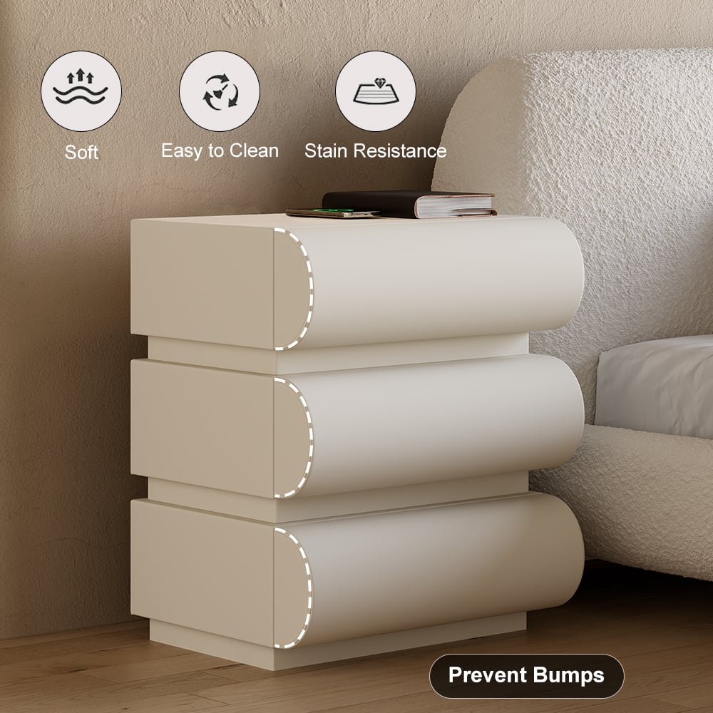 HMR - Modern White Boucle Platform Bed & 2 Smart Boucle Nightstand Style A