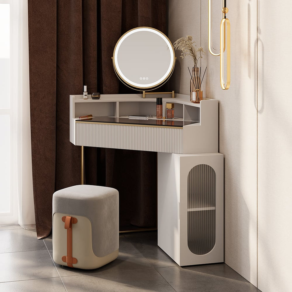 HMR - Modern White Corner Makeup Vanity Set with Acrylic Top & Mirror & Stool & Cabinet