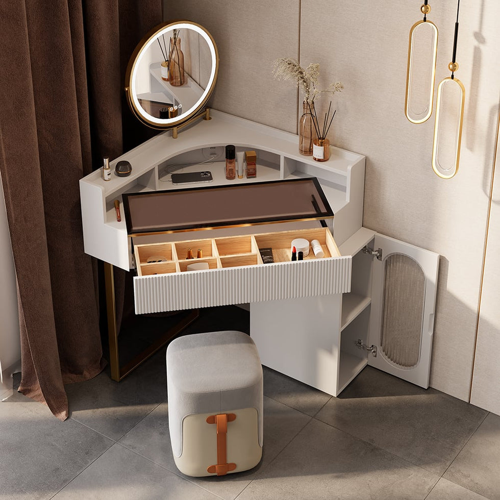 HMR - Modern White Corner Makeup Vanity Set with Acrylic Top & Mirror & Stool & Cabinet