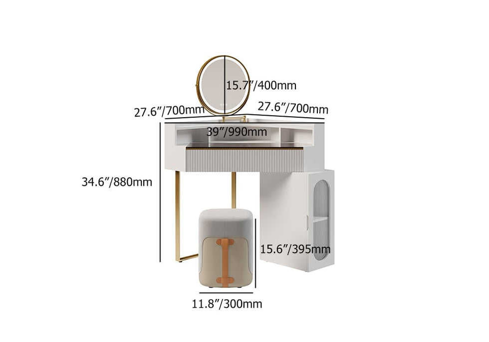 HMR - Modern White Corner Makeup Vanity Set with Acrylic Top & Mirror & Stool & Cabinet