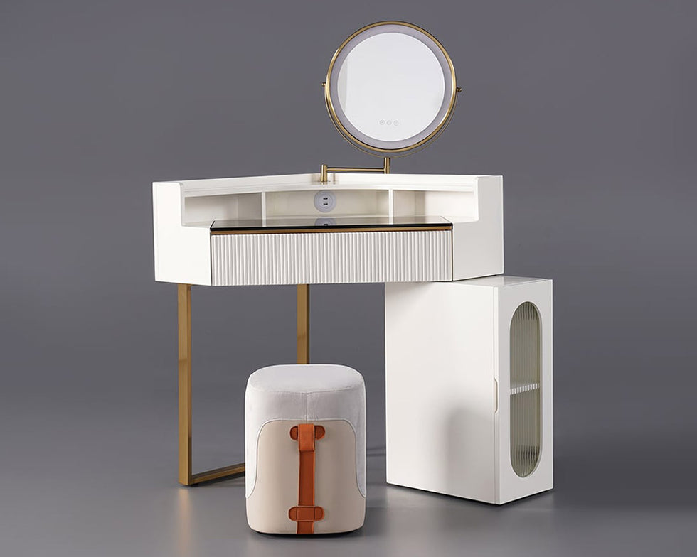 HMR - Modern White Corner Makeup Vanity Set with Acrylic Top & Mirror & Stool & Cabinet
