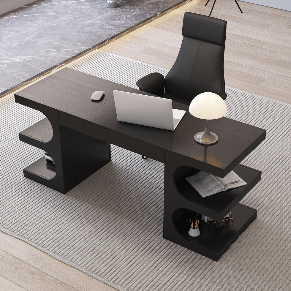 HMR - 64.2" Wooden Writing Desk & Reclining Leather Office Desk Chair Set