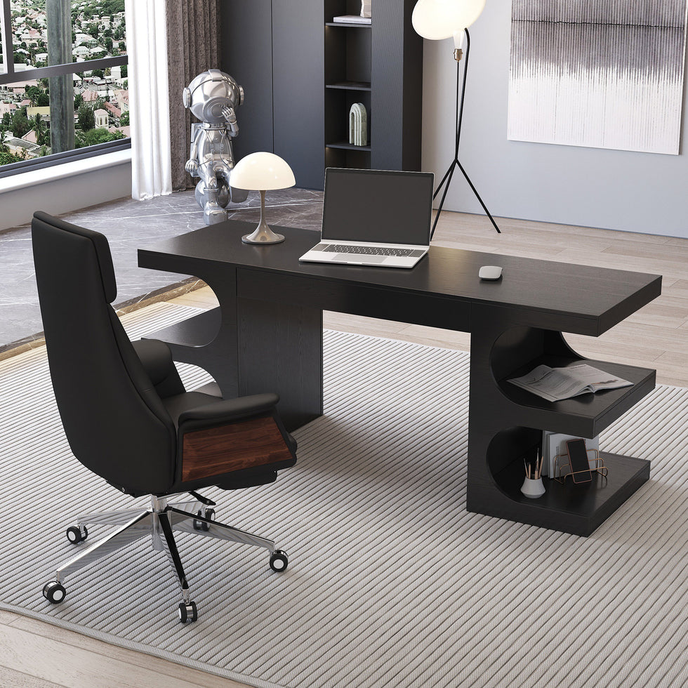 HMR - 64.2" Wooden Writing Desk & Reclining Leather Office Desk Chair Set