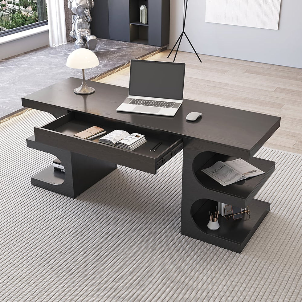 HMR - 64.2" Wooden Writing Desk & Reclining Leather Office Desk Chair Set
