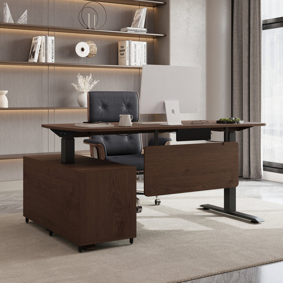 HMR - Modern L-Desk Adjustable Electric Standing Desk & Office Chair Set