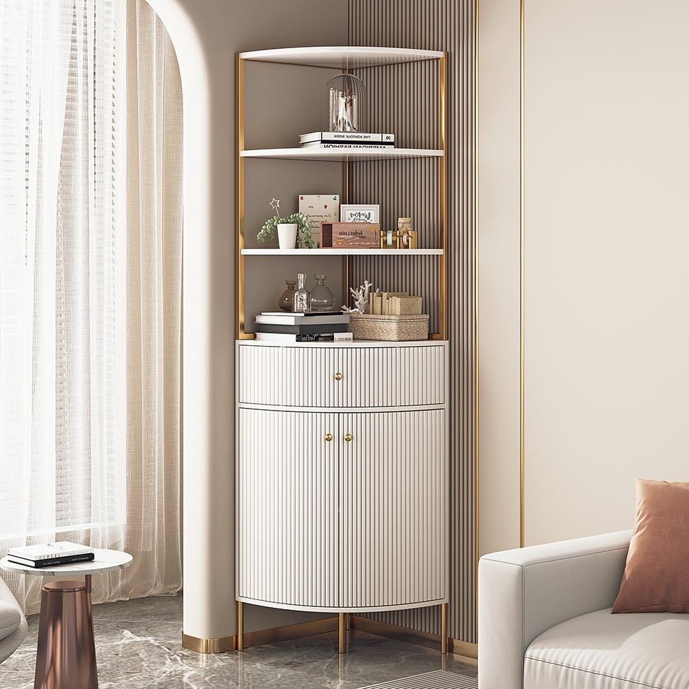 HMR - 74.8" Modern White Etagere Corner Bookshelf 1 Drawer & 2 Doors Wooden Tall Bookcase