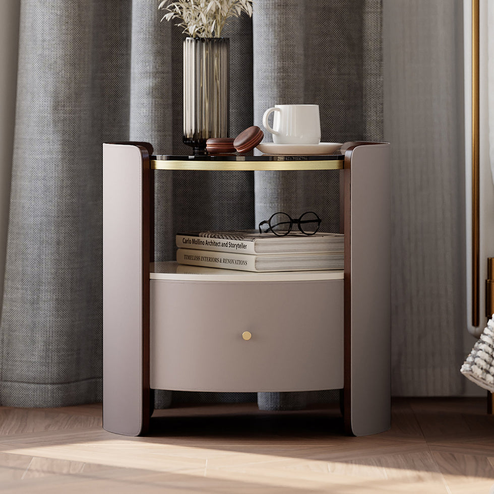 HMR - Modern Round Leather Nightstand with Glass Top & Sintered Stone Bedside with Shelf
