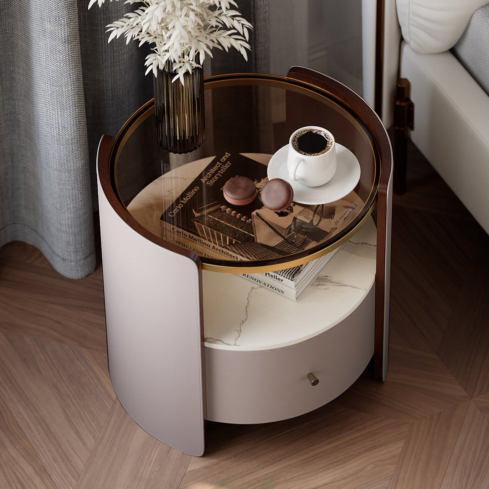 HMR - Modern Round Leather Nightstand with Glass Top & Sintered Stone Bedside with Shelf